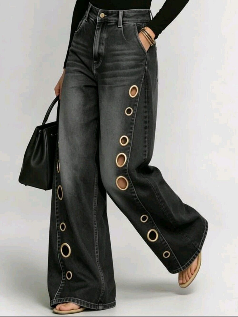 Wide Leg Black Jeans with Gold Eyelet Detail - Picture 5 of 6